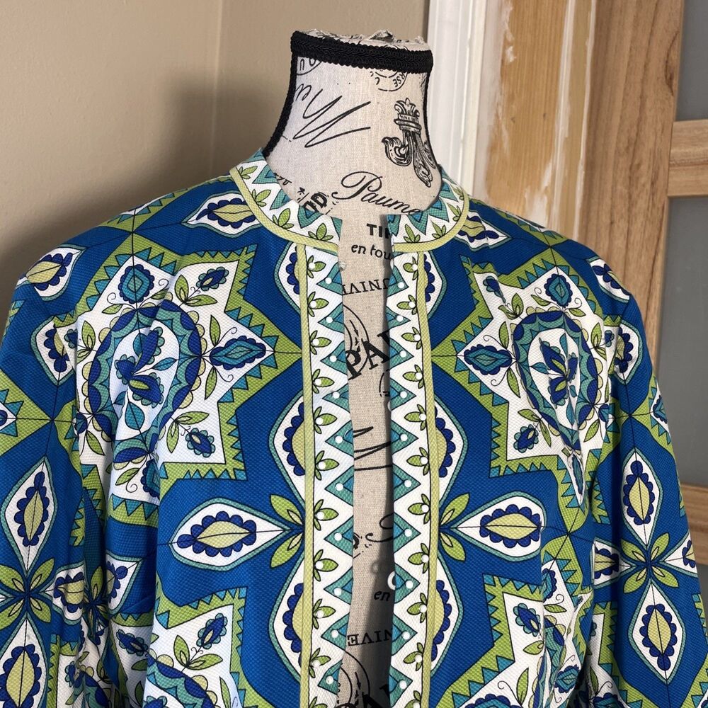 Chico's open front artsy colorful blazer size "2" blue 3/4 sleeve - Picture 2 of 9